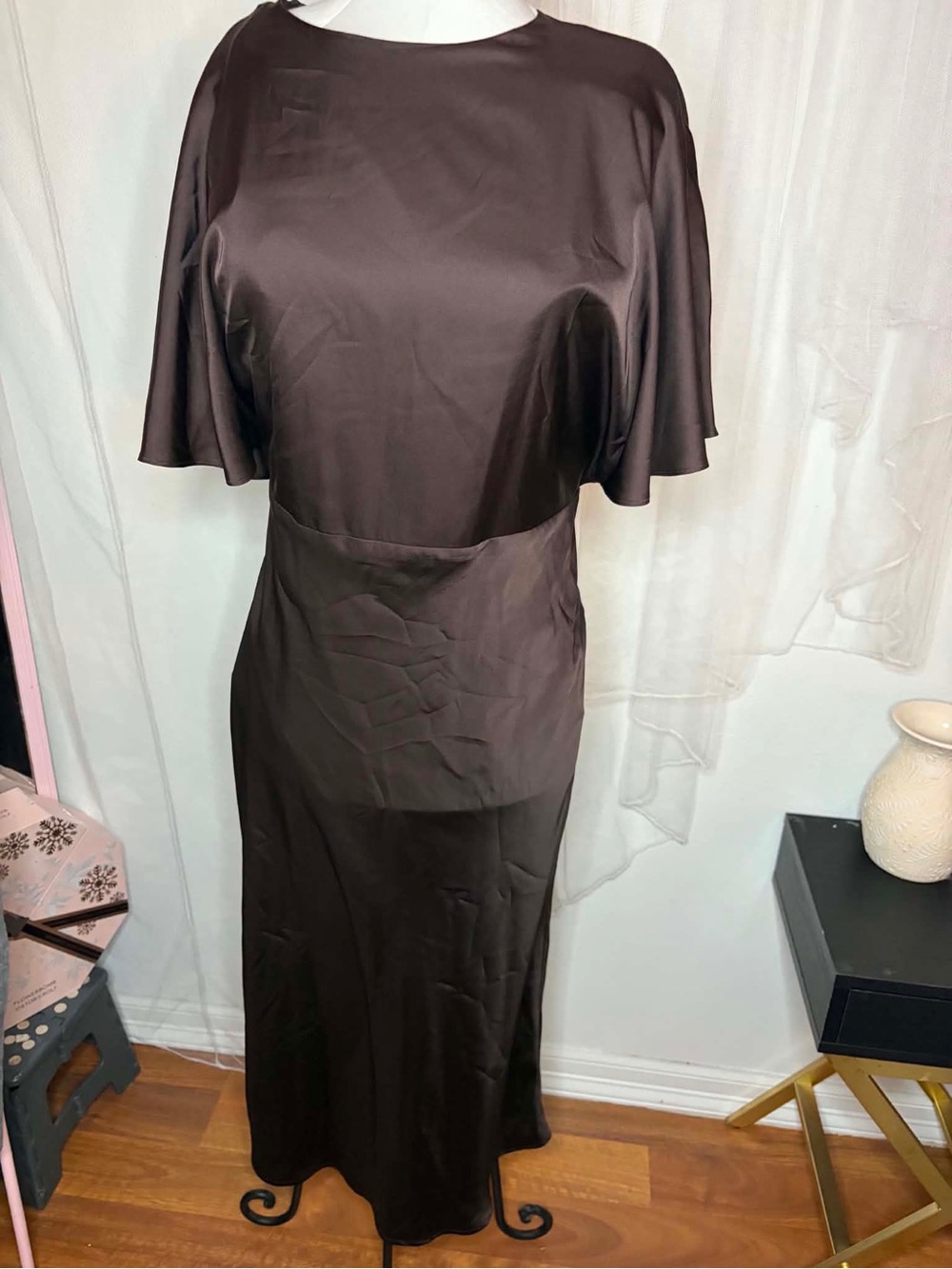Express Classic Brown Satin Midi Dress - Elegant Women's Cocktail Dress Medium